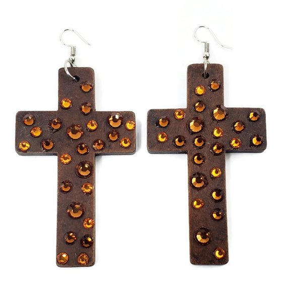 Chocolate Handcrafted Wooden Cross with Swarovski Crystals. - Picture 5 of 6